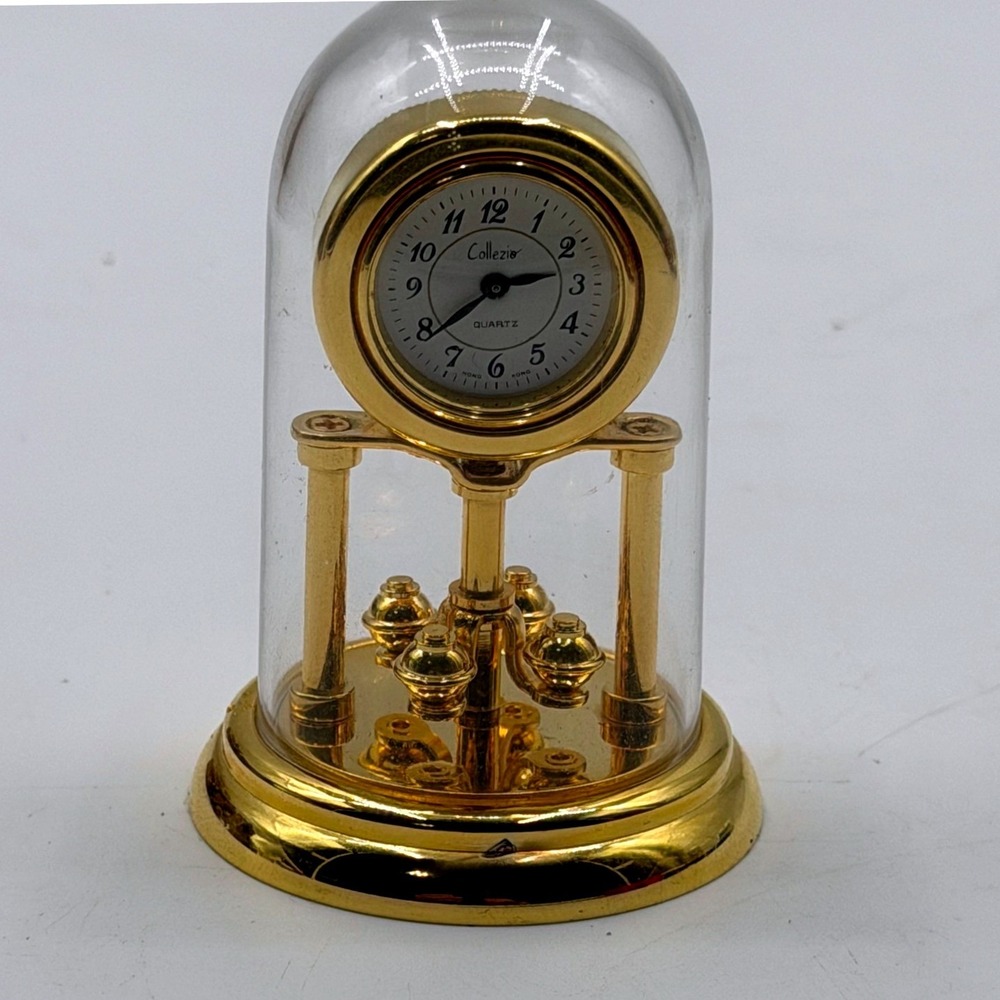 Collezio Miniature Anniversary Clock Gold Tone Glass Dome Quartz Desk Decor 3in
